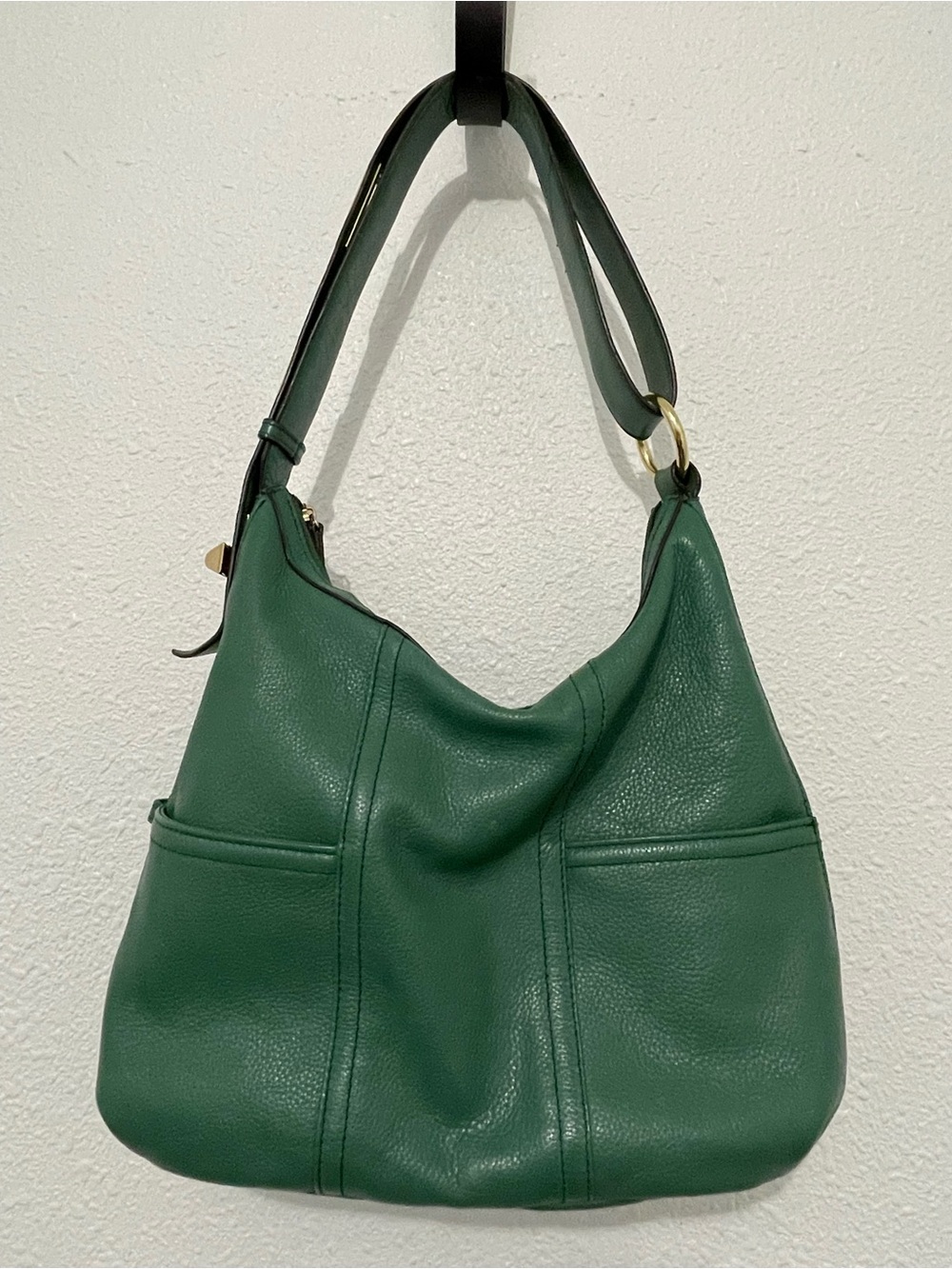 Tignanello Green Genuine Leather Zipper Hobo Shoulder Bag with Gold hardware.